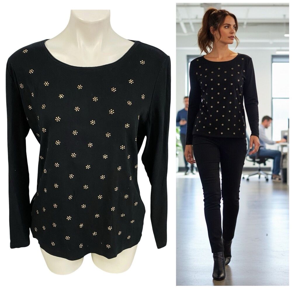 Karen Scott Top Womens XL Shirt Black Studded Flower Casual Glam Y2K Office Knit